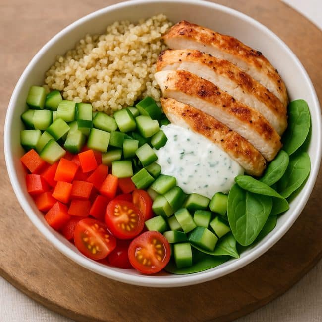 Fertige Hähnchen-Quinoa-Bowl mit Gemüse und Joghurtdressing angerichtet
