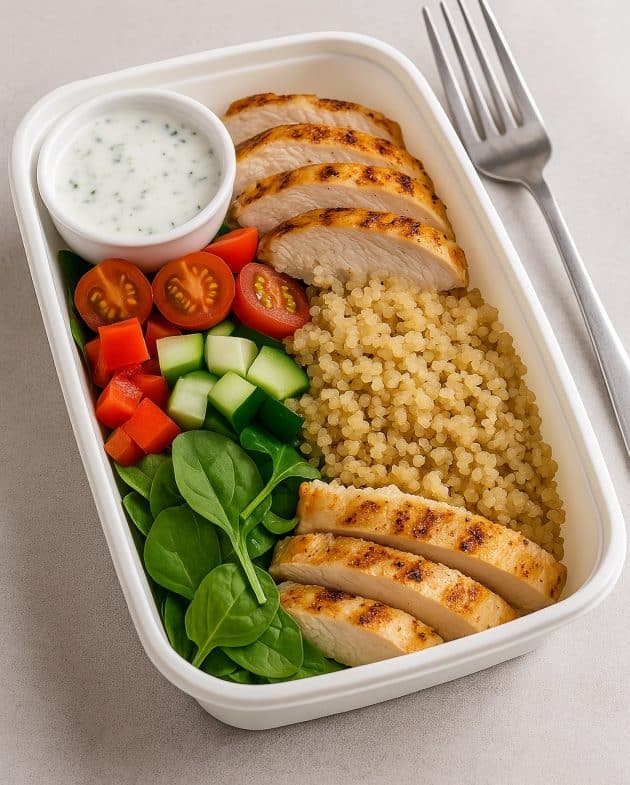 Proteinreiche Hähnchen-Quinoa-Bowl mit Gemüse und Joghurt-Dip, angerichtet in einer weißen Meal-Prep-Dose für unterwegs.