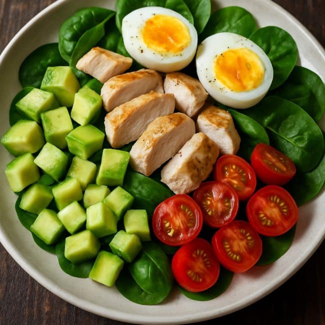 Frisch angerichteter Hähnchen-Spinat-Salat mit Avocado, Ei und Cherrytomaten auf einem weißen Teller