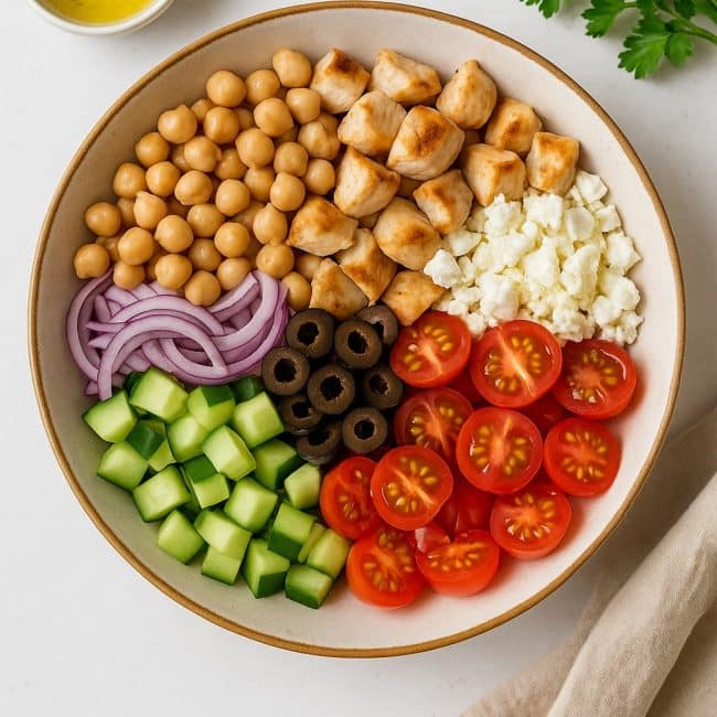 Frisch geschnittenes Gemüse, Hähnchen und Kichererbsen liegen in einer Schüssel zur Zubereitung des mediterranen Kichererbsen-Salats bereit