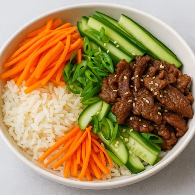 Koreanische Reis-Bowl mit Rindfleisch, Karotten, Gurke und Sesam fertig angerichtet