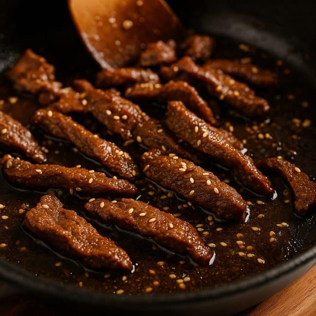 Zubereitungsschritt: Würziges Rindfleisch für koreanische Reis-Bowl anbraten