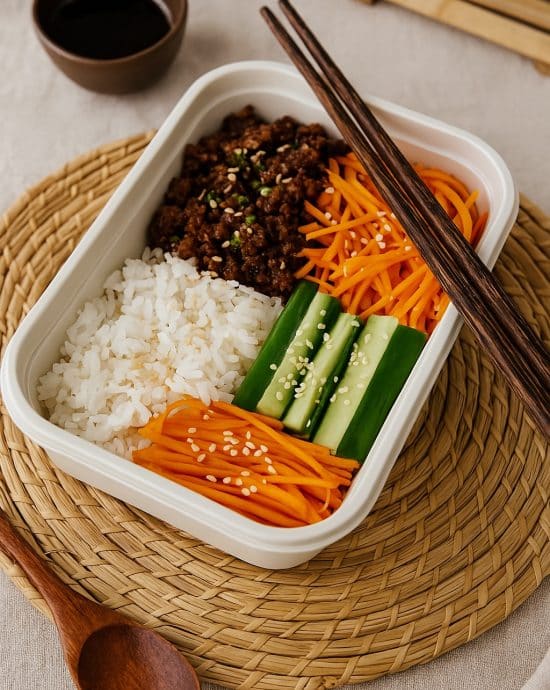 Koreanische Reis Bowl mit Rindfleisch, Gemüse und Sesam, angerichtet in einer stylischen Meal-Prep-Dose mit Holzstäbchen und asiatischer Tischdeko.