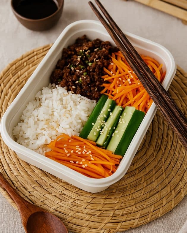 Koreanische Reis Bowl mit Rindfleisch, Gemüse und Sesam, angerichtet in einer stylischen Meal-Prep-Dose mit Holzstäbchen und asiatischer Tischdeko.