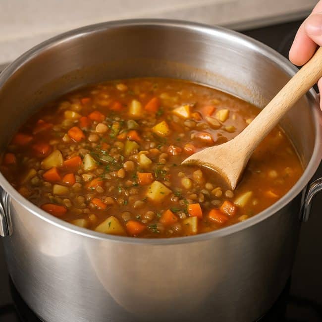 Linsensuppe mit Gemüse und Linsen wird in einem Topf mit Gewürzen und Tofu abgeschmeckt – letzte Zubereitungsschritte vor dem Servieren.