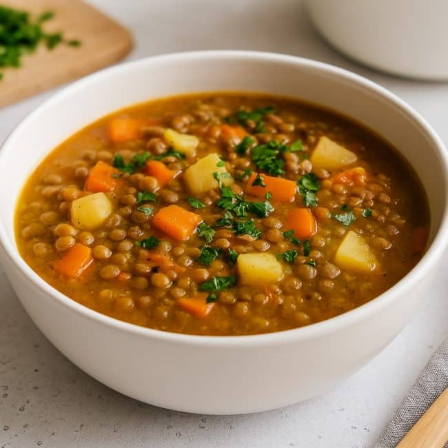 Servierte Linsensuppe in einer weißen Schale, garniert mit frischer Petersilie und dampfend auf einem gedeckten Holztisch angerichtet.