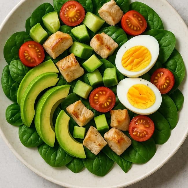Gesunder Hähnchen-Spinat-Salat mit Ei, Tomaten und Avocado in einer Glasbox als Meal Prep