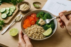 Zubereitung einer gesunden Bowl mit Gemüse, Quinoa und Hummus auf einer hellen Küchenarbeitsfläche