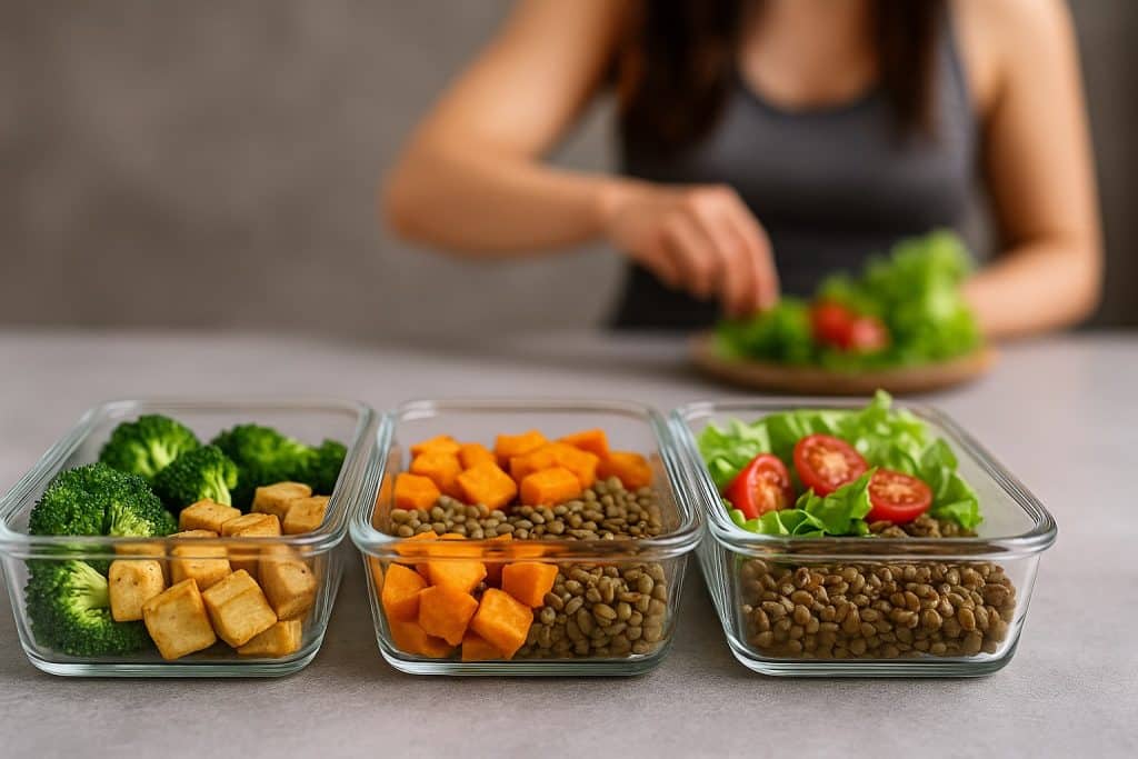 Vier Glasdosen mit veganem Meal Prep – Brokkoli, Tofu, Süßkartoffel, Linsen, Salat – auf grauer Arbeitsplatte mit Frau im Hintergrund beim Anrichten