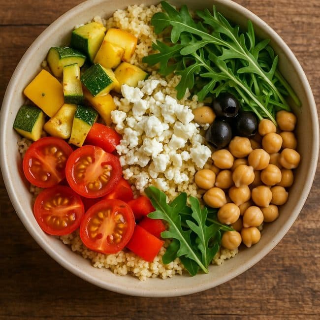 Mediterrane Couscous-Bowl mit Feta, Gemüse und Kichererbsen angerichtet