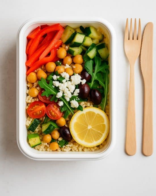 Mediterrane Couscous Bowl mit Kichererbsen, Feta, Gemüse und Zitronenscheibe in einer rechteckigen Meal-Prep-Box mit Holzbesteck im hellen Stil.