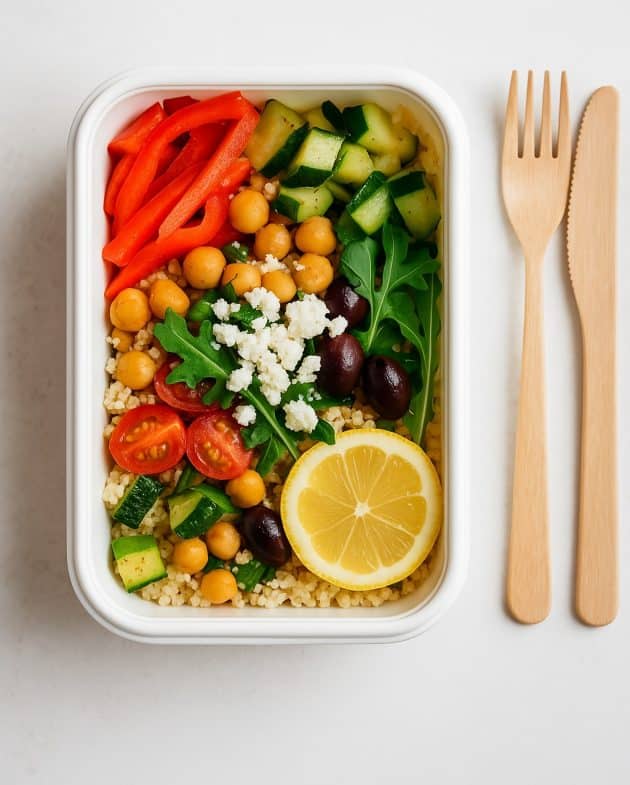 Mediterrane Couscous Bowl mit Kichererbsen, Feta, Gemüse und Zitronenscheibe in einer rechteckigen Meal-Prep-Box mit Holzbesteck im hellen Stil.