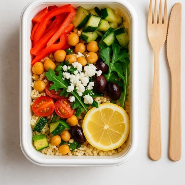 Mediterrane Couscous Bowl mit Kichererbsen, Feta, Gemüse und Zitronenscheibe in einer rechteckigen Meal-Prep-Box mit Holzbesteck im hellen Stil.