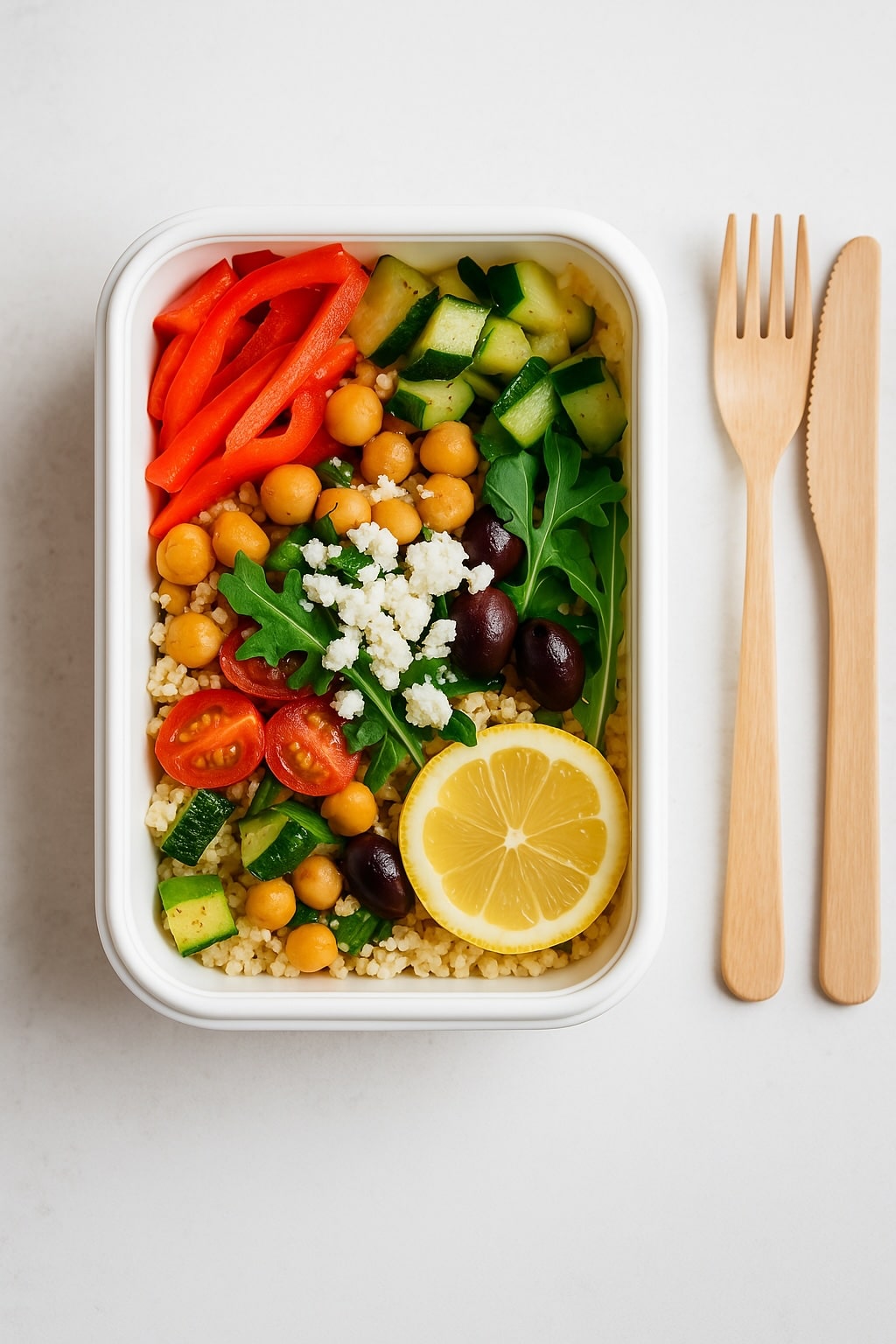 Mediterrane Couscous-Gemüse-Bowl mit Feta & Kichererbsen