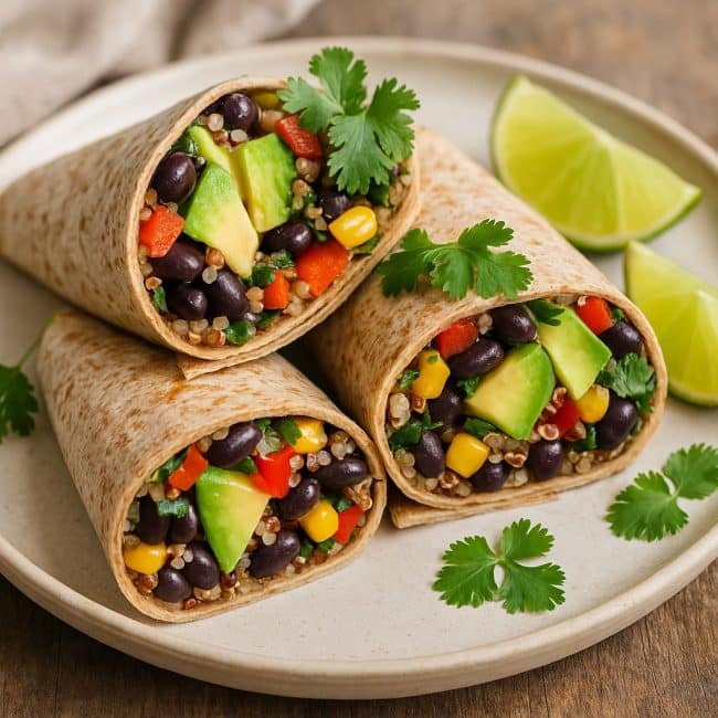 Mexikanischer Wrap mit schwarzen Bohnen, Quinoa und Avocado – halbiert angerichtet