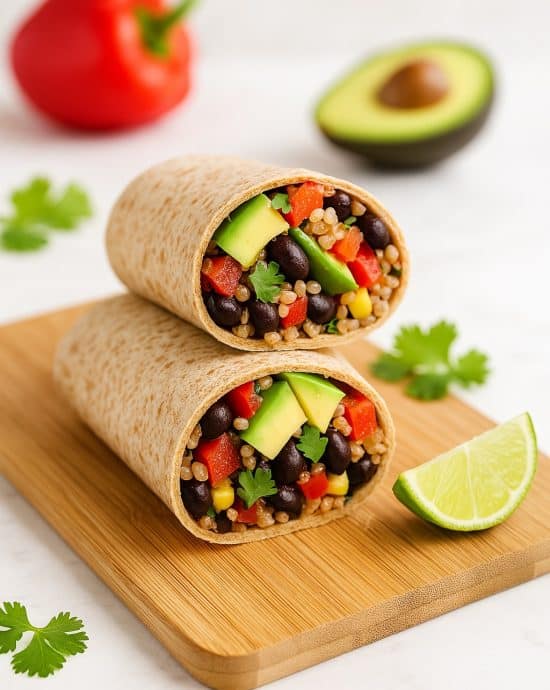 Halbierter mexikanischer Wrap mit schwarzen Bohnen, Quinoa und Avocado auf einem Holzbrett, garniert mit Limette und frischem Gemüse im hellen, mexikanischen Stil.