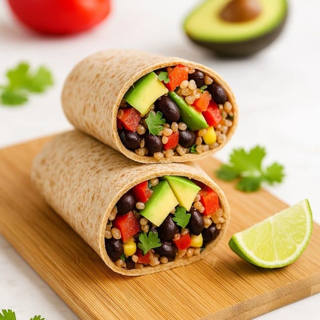Halbierter mexikanischer Wrap mit schwarzen Bohnen, Quinoa und Avocado auf einem Holzbrett, garniert mit Limette und frischem Gemüse im hellen, mexikanischen Stil.