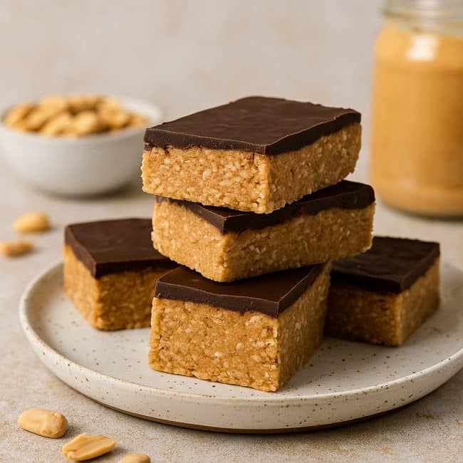 Angerichtete No-Bake Proteinriegel mit Haferflocken und Erdnussbutter