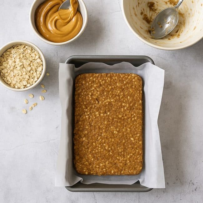 Zubereitung von No-Bake Proteinriegeln – Masse wird in eine Form gedrückt