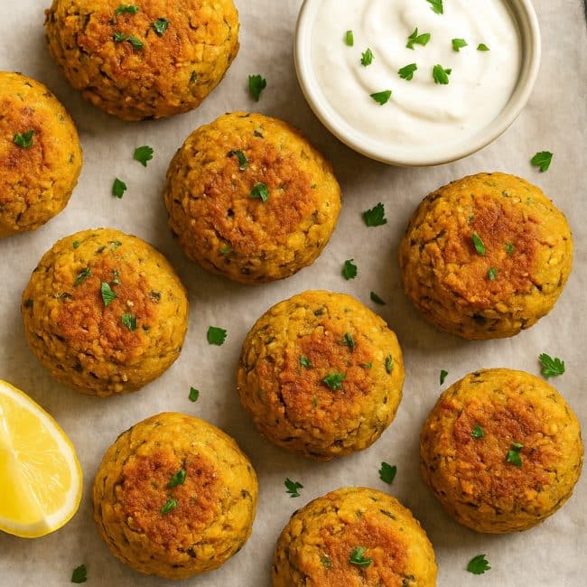 Ofengebackene Falafel mit Joghurt-Dip auf Holzbrett angerichtet