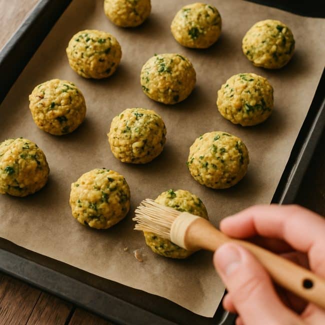 Rohe Falafel-Bällchen aus Kichererbsen auf einem Backblech vor dem Backen