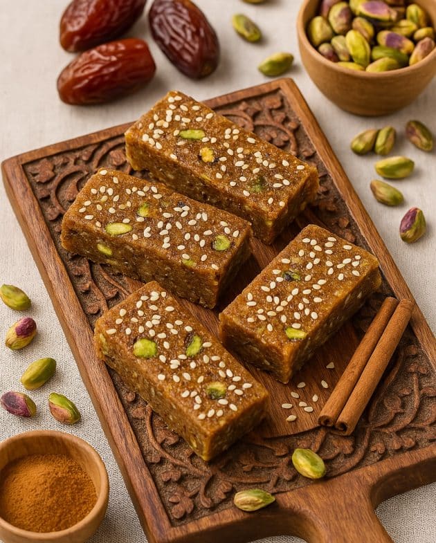 Vier orientalische Energy-Riegel mit Datteln und Pistazien auf einem verzierten Holzbrett, dekoriert mit Zimtstangen und frischen Datteln.