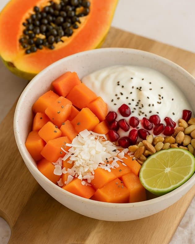 Tropische Papaya-Quark-Bowl mit Kokosraspeln und Granatapfelkernen, serviert in einer hellen Schale auf einem Frühstücksbrett mit frischer Papaya im Hintergrund.