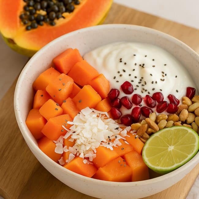 Tropische Papaya-Quark-Bowl mit Kokosraspeln und Granatapfelkernen, serviert in einer hellen Schale auf einem Frühstücksbrett mit frischer Papaya im Hintergrund.