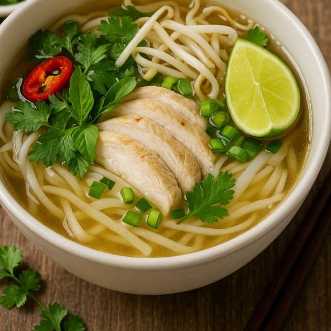 Vietnamesische Phở Gà in einer weißen Schale mit Hähnchen, Reisnudeln, frischen Kräutern und Limette serviert