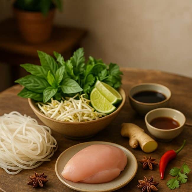 Frische Zutaten für Phở Gà – Hähnchenbrust, Reisnudeln, Ingwer, Kräuter, Limette und Gewürze auf einem Holztisch