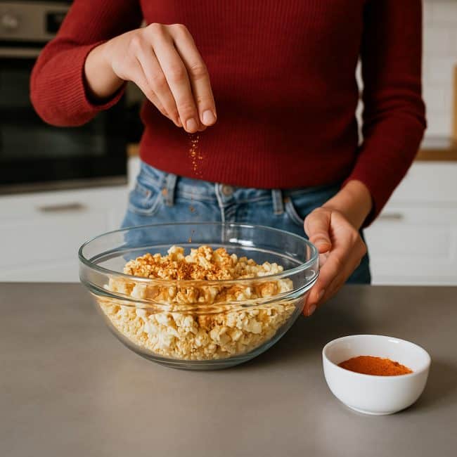 Frisch gepopptes Popcorn wird in einer großen Schüssel mit einer selbstgemachten Gewürzmischung bestreut und in einer modernen Küche gut durchmischt.