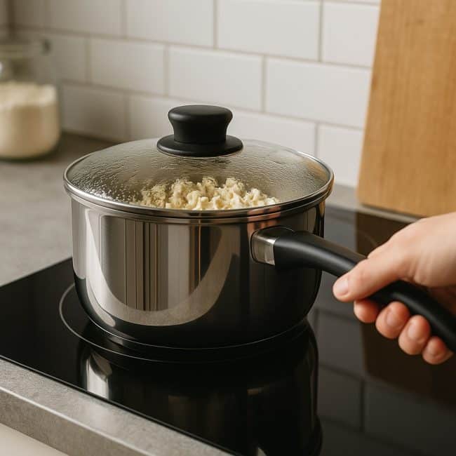 Popcorn wird in einem großen Topf mit Deckel auf dem Herd in einer modernen Küche zubereitet – die Maiskörner beginnen zu poppen.
