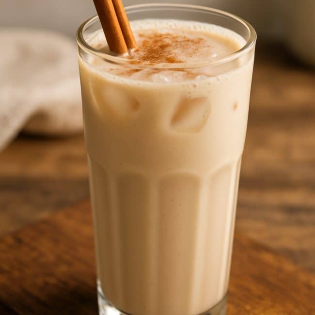 Protein-Horchata mit Zimtstange in einem Glas auf Holzunterlage