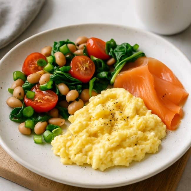 Modern interpretiertes britisches Frühstück mit Rührei, Räucherlachs, weißen Bohnen, Tomaten und Spinat auf einem Frühstücksteller.