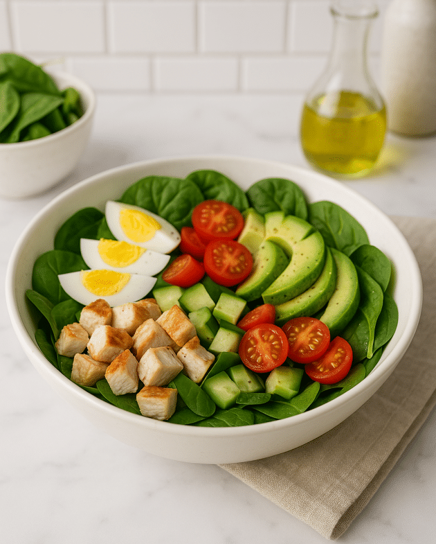 Frischer Hähnchen-Spinat-Salat mit Avocado, Ei, Tomaten und Gurke auf einem weißen Teller – proteinreich, bunt und clean angerichtet.
