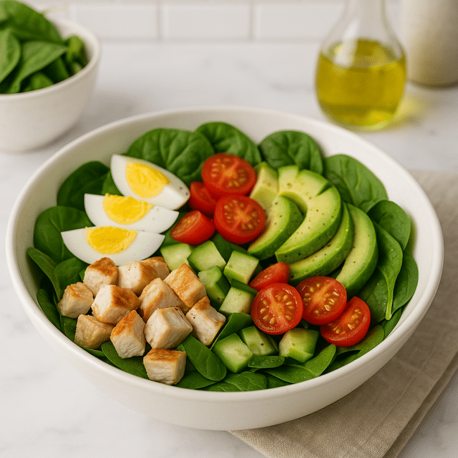Frischer Hähnchen-Spinat-Salat mit Avocado, Ei, Tomaten und Gurke auf einem weißen Teller – proteinreich, bunt und clean angerichtet.