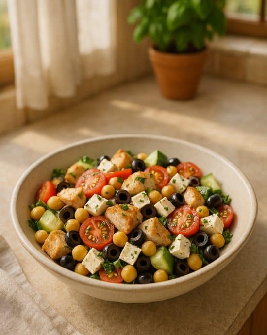Kichererbsen Salat mit Feta, Hähnchen, Tomaten und Gurke in einer weißen Bowl – mediterran, eiweißreich und ideal für Meal Prep.
