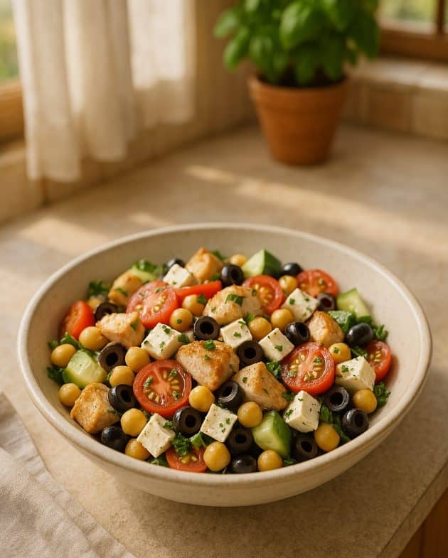 Kichererbsen Salat mit Feta, Hähnchen, Tomaten und Gurke in einer weißen Bowl – mediterran, eiweißreich und ideal für Meal Prep.