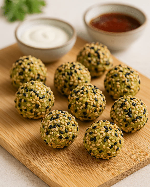 Goldbraune Edamame-Tofu-Bällchen mit Sesam auf einem weißen Teller angerichtet – gesunder veganer Fitness-Snack