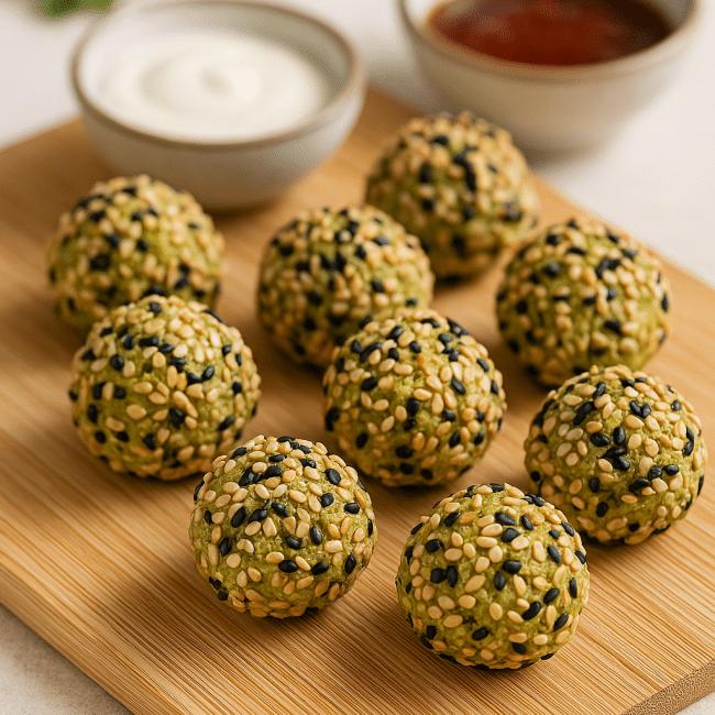 Goldbraune Edamame-Tofu-Bällchen mit Sesam auf einem weißen Teller angerichtet – gesunder veganer Fitness-Snack