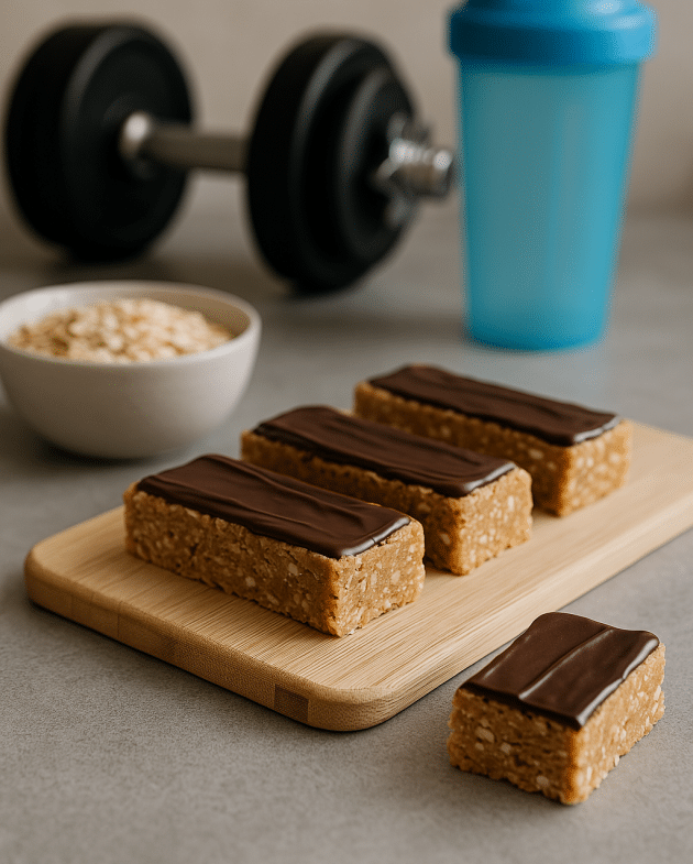 Selbstgemachte No-Bake Proteinriegel mit Haferflocken und Erdnussbutter auf Backpapier angerichtet