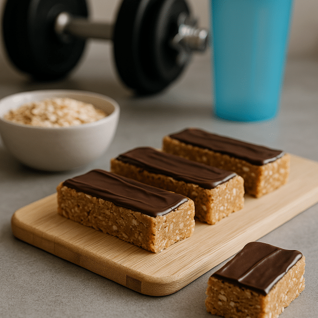 Selbstgemachte No-Bake Proteinriegel mit Haferflocken und Erdnussbutter auf Backpapier angerichtet