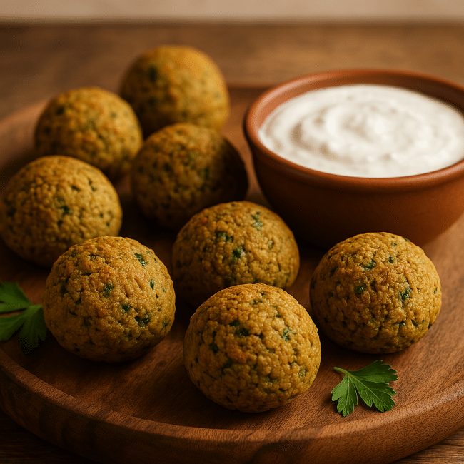 Proteinreicher Ofen-Falafel-Snack auf Backpapier mit goldbrauner Kruste