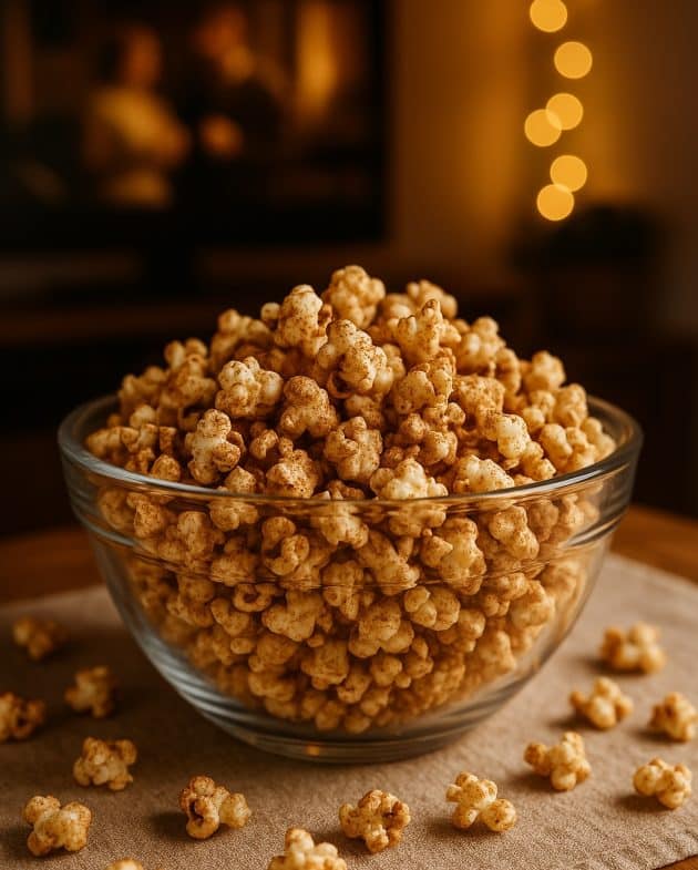 Schüssel mit süßem Fitness-Popcorn aus Vanille-Proteinpulver, angerichtet auf heller Holzoberfläche