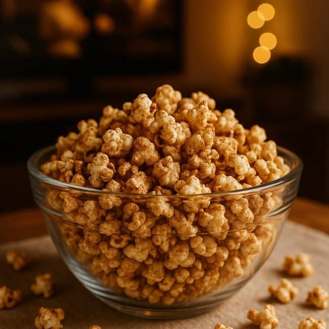 Schüssel mit süßem Fitness-Popcorn aus Vanille-Proteinpulver, angerichtet auf heller Holzoberfläche