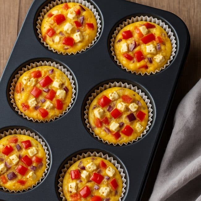 Spanische Ei-Muffins mit Paprika und Feta angerichtet auf Holzbrett