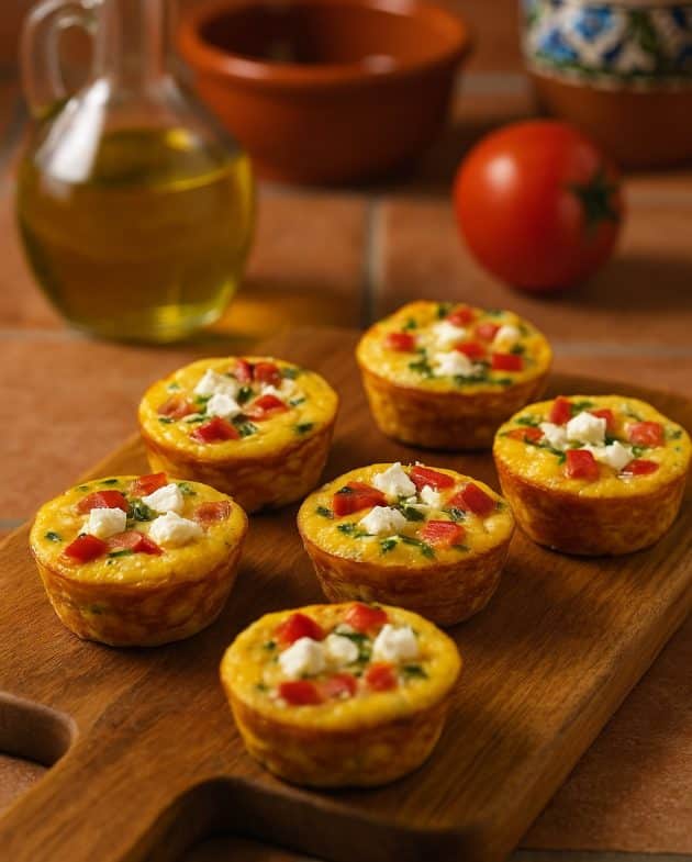Fünf spanische Ei-Muffins mit Paprika und Feta auf einem Holzbrett, angerichtet in einer hellen Küche mit spanischem Flair.