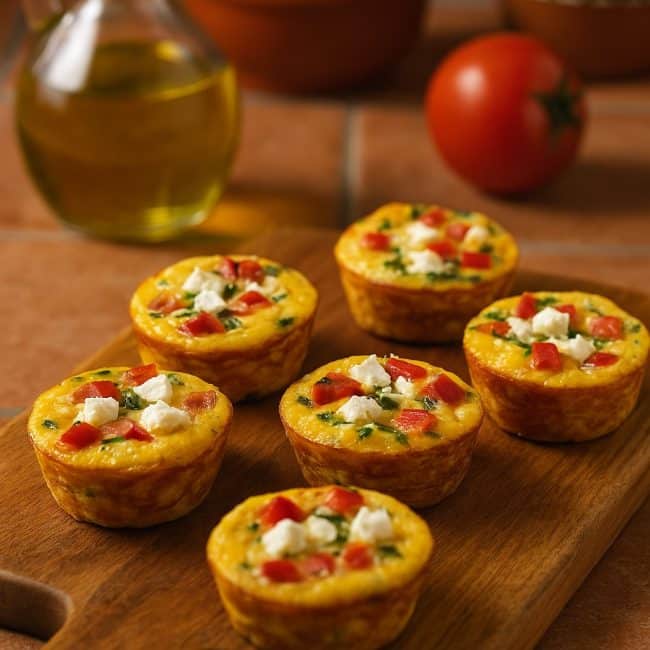 Fünf spanische Ei-Muffins mit Paprika und Feta auf einem Holzbrett, angerichtet in einer hellen Küche mit spanischem Flair.