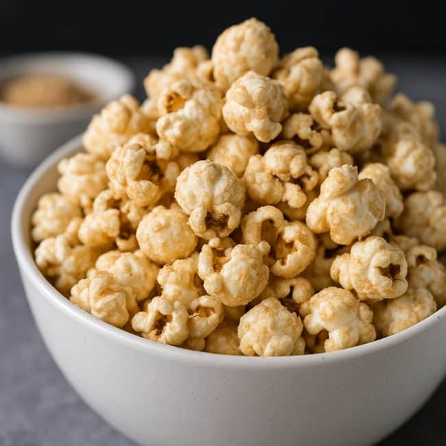 Nahaufnahme von Protein-Popcorn mit Vanillearoma in einer weißen Schüssel