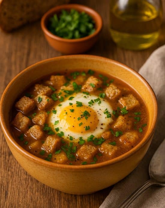 Traditionelle Sopa de Ajo in einer weißen Schale serviert, mit pochiertem Ei und frischer Petersilie garniert
